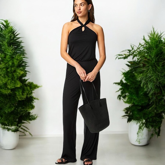 Black with Silver Ring Tie Neck Sleeveless Halter Wide Leg Jumpsuit - Picture 2 of 16